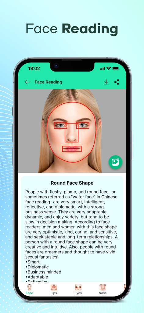 Un'interfaccia di app mobile che mostra un'analisi del viso per tratti di personalità basata sulla forma rotonda del viso