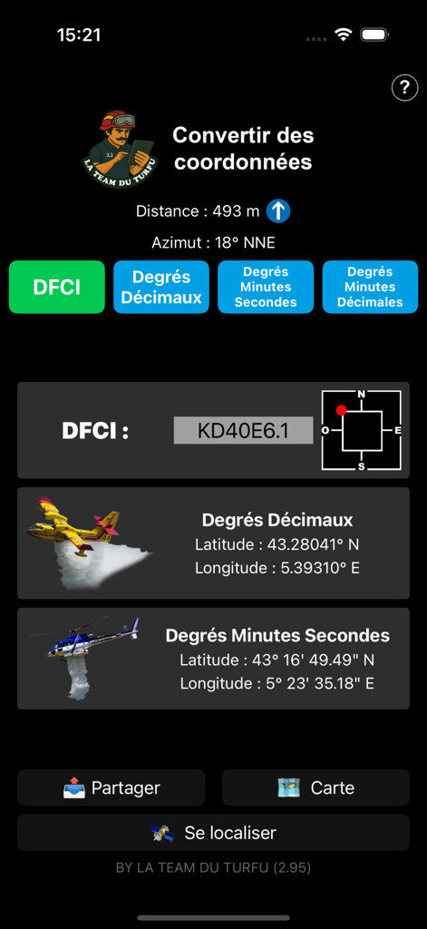 GeoBaroud - Interfaccia dell'app GeoBaroud che mostra la conversione delle coordinate tra formati DFCI, gradi decimali e DMS con immagini dei vigili del fuoco