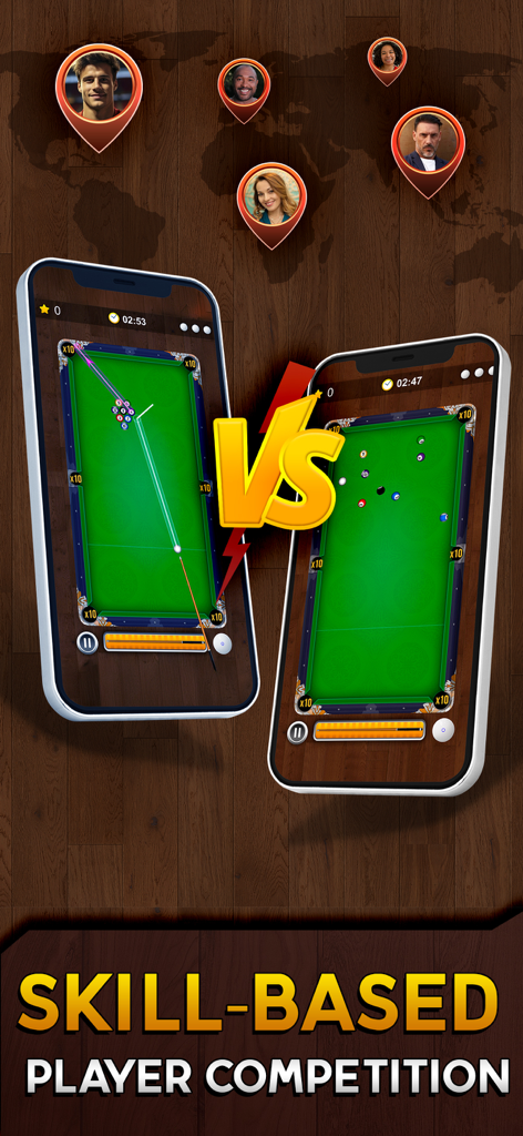 Pool Cash - Win 8 Ball Strike - Dos teléfonos mostrando una partida multijugador de billar de 8-ball en la aplicación Pool Cash.