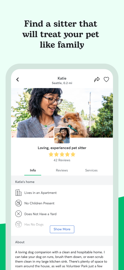 Interface de l'application Rover affichant le profil d'un gardien d'animaux avec des évaluations et des détails sur les services.