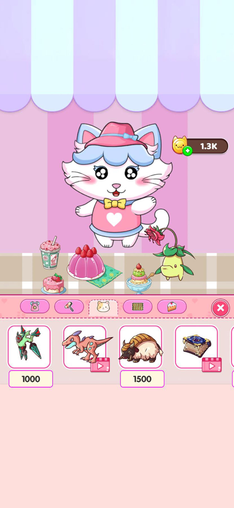 Jelly Yum Run Eating ASMR Game - ゼリー食品とショップメニューを持つ、ピンクの服を着たかわいい猫キャラクター。