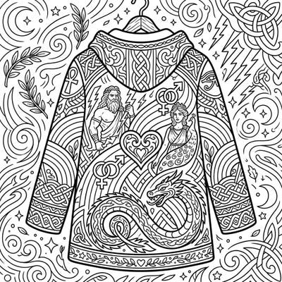 Dive into a world where ancient myths meet modern pride with this extraordinary coloring page featuring a richly detailed jacket. Celebrate love, diversity, and powerful deities as you bring this unique piece of wearable art to life with your favorite colors.