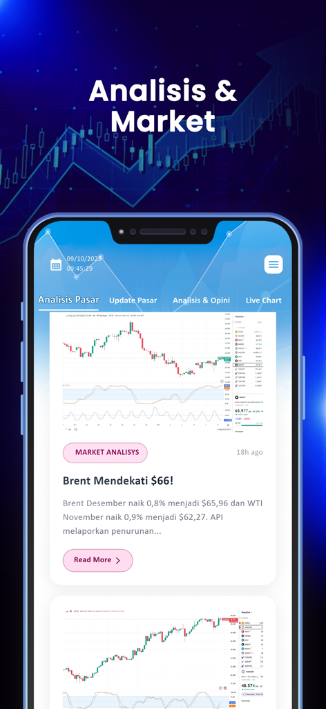 Newsmaker 23 - Newsmaker 23 mobile app interface showing financial market analysis and a brent oil price chart