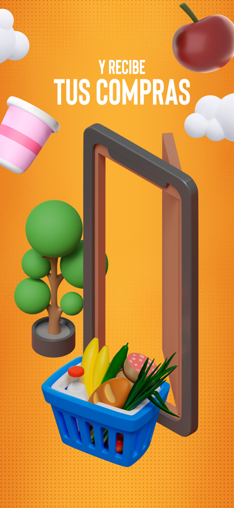 Hipermaxi - A 3D illustration of a shopping basket filled with groceries coming out of a smartphone screen