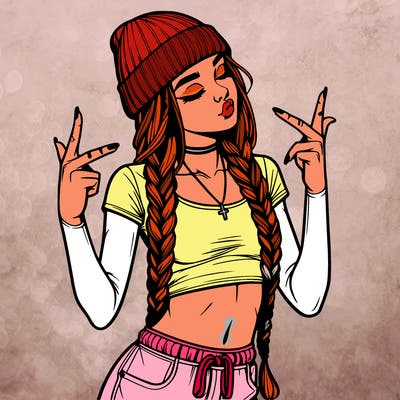 realistic teenage girl with braids and a beanie and crop top doing 🫶🏼