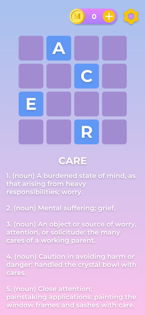 Word Flowers - A screenshot of Word Flowers showing the dictionary definitions and multiple meanings for the word CARE after completing a level.