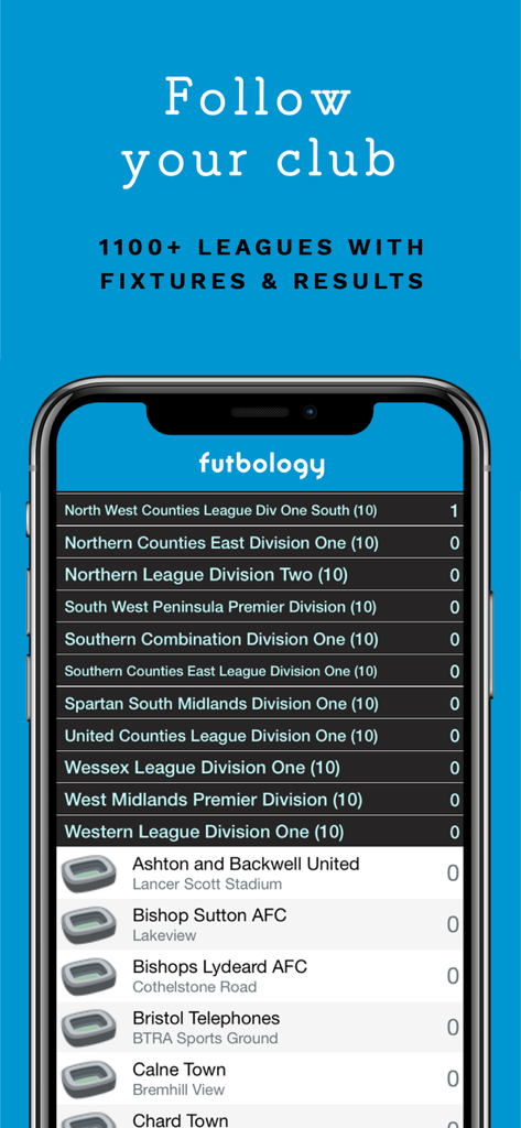 Futbology - Futbology mobile app screen showing a list of football leagues and club fixtures with stadium icons