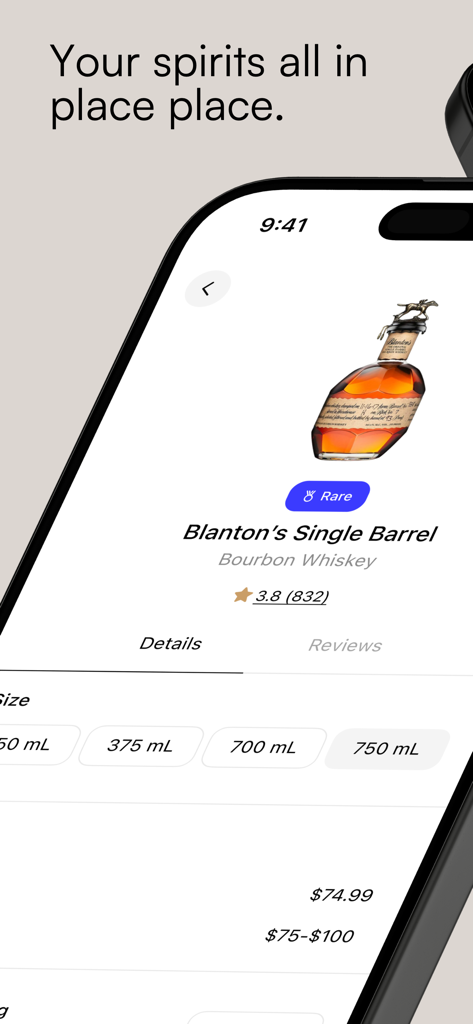 Detailed view of a rare Blanton's Single Barrel bourbon bottle in the OnlyDrams app with pricing and reviews.