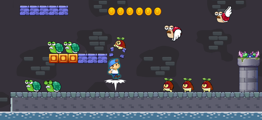 Billy's Jungle Adventure - Billy jumping over obstacles and enemies in a classic retro platformer level.