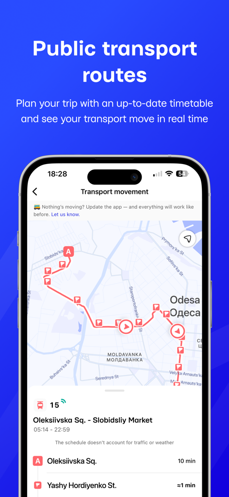 MISTO - MISTO app interface displaying real-time public transport routes and movement on a map of Odesa.