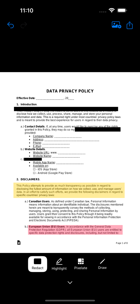 Redact mobile app interface showing a PDF document with blacked out sensitive information and colorful highlights