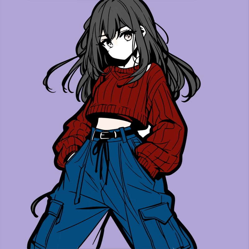 anime teen girl with baggy pants and crop top with sweater