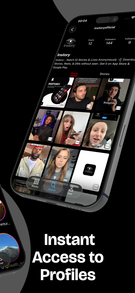 Instory app interface displaying instant access to Instagram profiles
