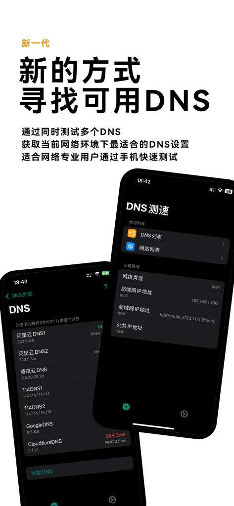 Mobile Anwendungsoberfläche, die DNS-Latenztests und Netzwerkkonfigurationsdetails anzeigt