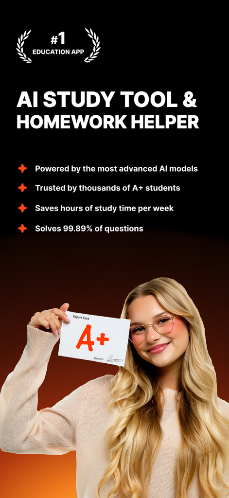 Studley AI homework helper app advertisement featuring a smiling student holding an A plus report card