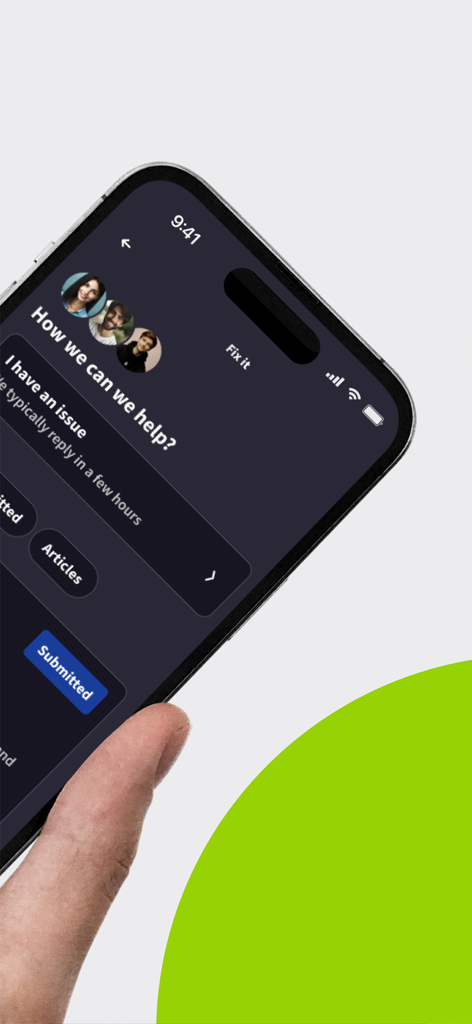 iQ Student Accommodation - A hand holding a smartphone showing the help and maintenance request screen of the iQ Student Accommodation app.