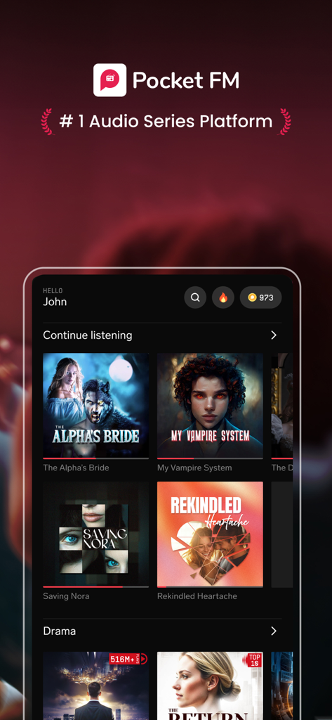 Pantalla de inicio de la aplicación Pocket FM mostrando series de audio populares como The Alphas Bride y My Vampire System