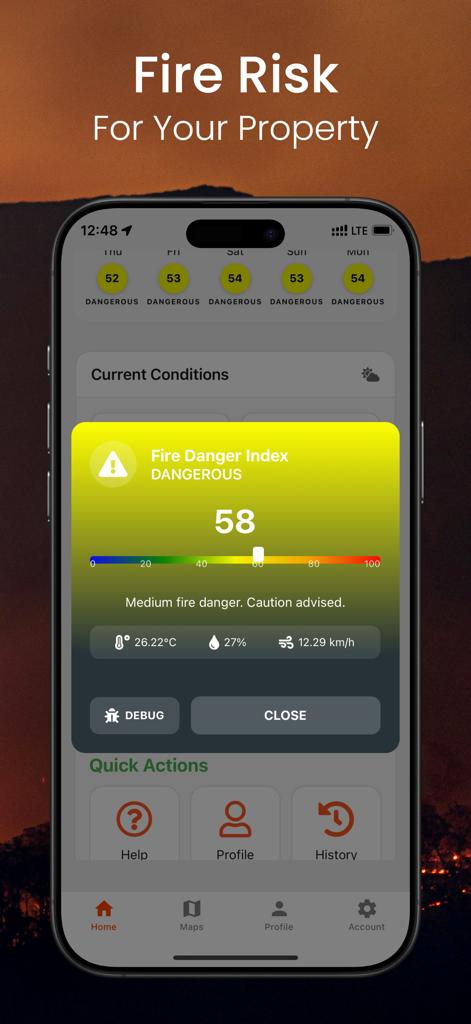 MAP DE FIRE - Fire risk index dashboard showing dangerous conditions on the MAP DE FIRE app