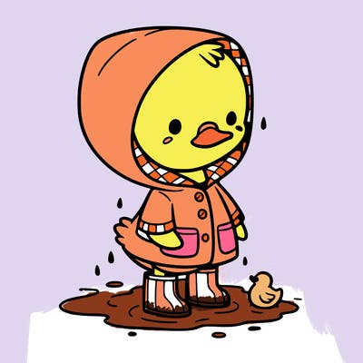 baby duck in a rain coat and boots, in a puddle while it’s raining