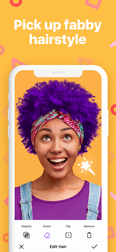 MAKEOVER - Body photo editor - Retrato de una mujer con un vibrante peinado afro morado siendo editado en la interfaz de la aplicación MAKEOVER.