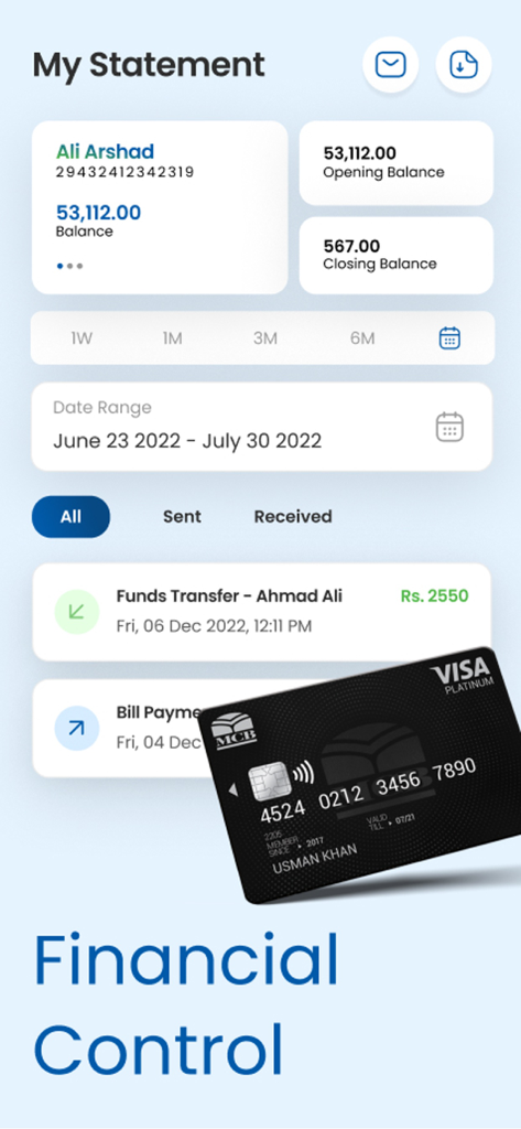 MCB Live - MCB Liveモバイルアプリのインターフェースに、口座明細の詳細と黒いVisaプラチナカードが表示されている様子