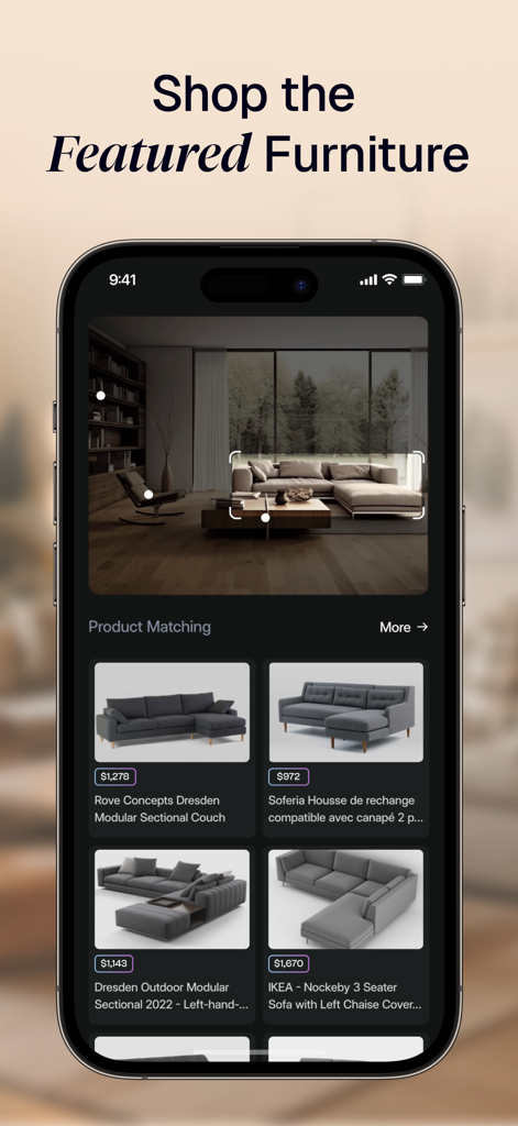 Archi AI interior design app screen showing furniture product matching with prices