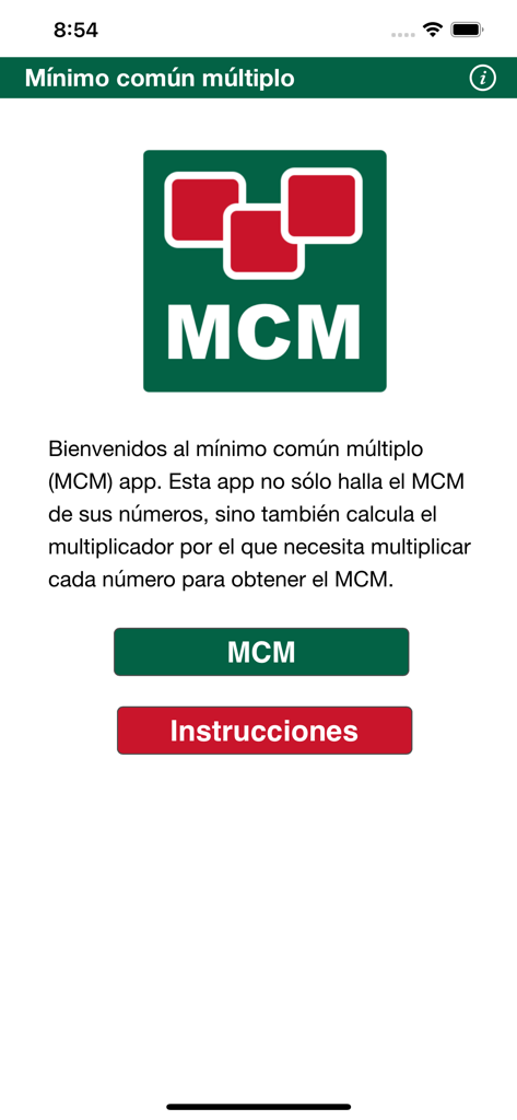 Home screen of the Mínimo común múltiplo app showing the MCM logo and navigation buttons for calculation and instructions.