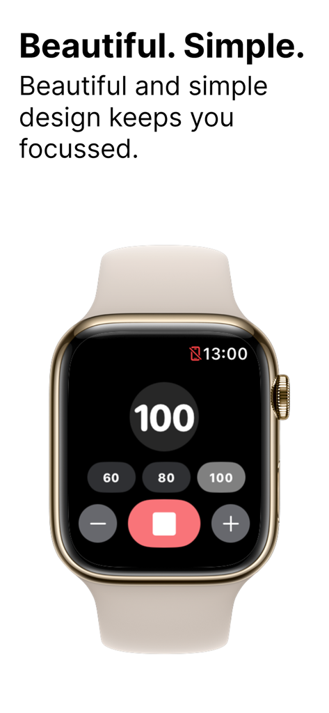 Pulse: Metronome Haptic+Quiet - Pulse Metronom App auf einer Apple Watch, die ein 100 BPM Tempo mit einem minimalistischen Design anzeigt