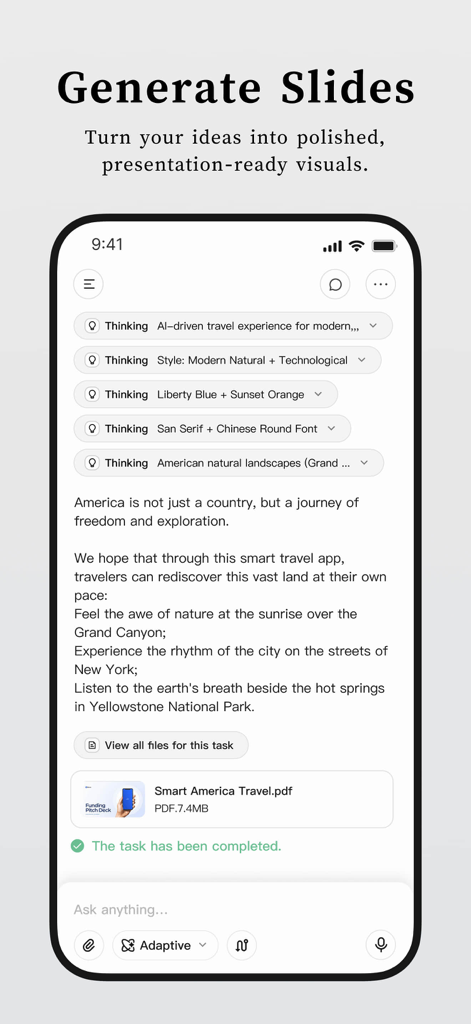 AI Agent - Super AI Assistant - Interface of the AI Agent app showing the automated generation of a professional slide deck from text and style prompts