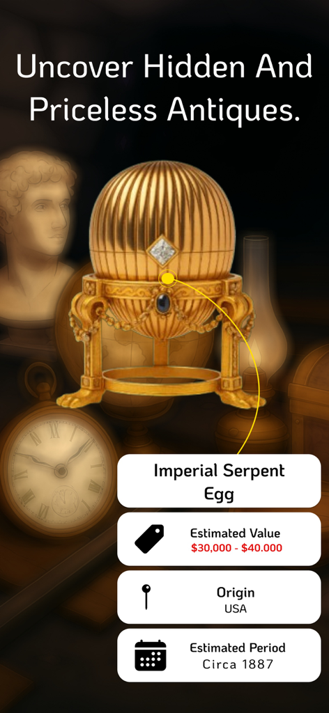 Antique Identifier : RelicAI - RelicAI app interface showing the estimated value and historical origin of an antique Imperial Serpent Egg