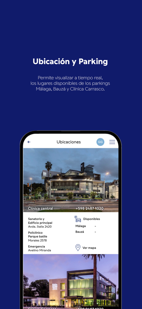 Hospital Británicoの医療センターの場所とリアルタイムの駐車場の空き状況を示すモバイルアプリ画面。