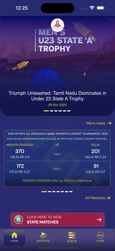Home screen of the TNCA LIVE official app displaying cricket match scores and tournament news
