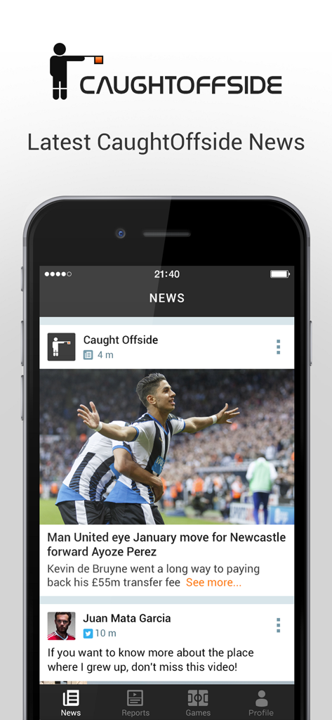 Caught Offside - CaughtOffside mobile app showing latest football news and transfer rumours feed