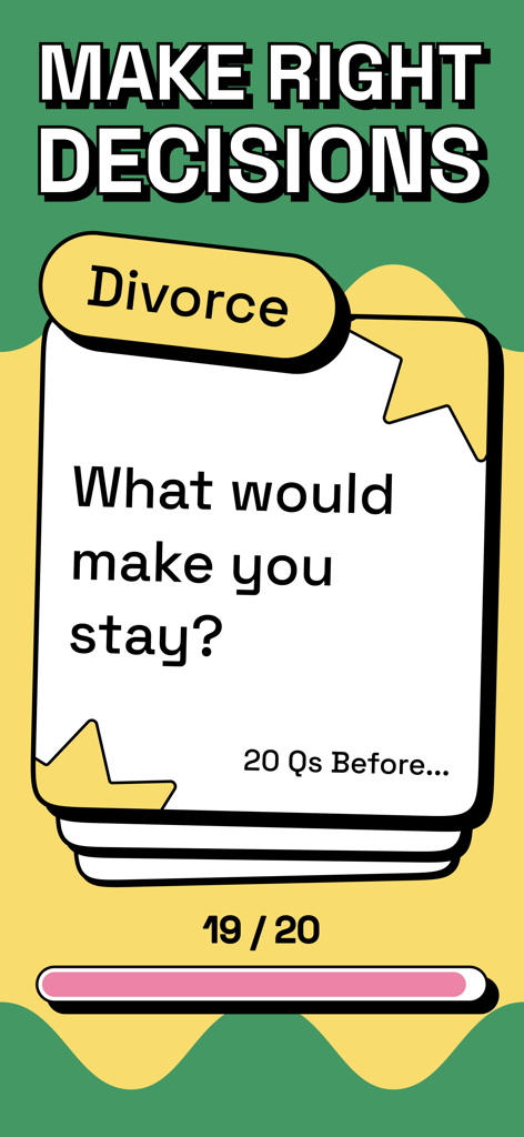 20 Questions: Game For Couples - 20の質問ゲームのモバイルアプリ画面、離婚カテゴリのカードに「あなたを留めるものは何ですか？」という質問が表示されている。