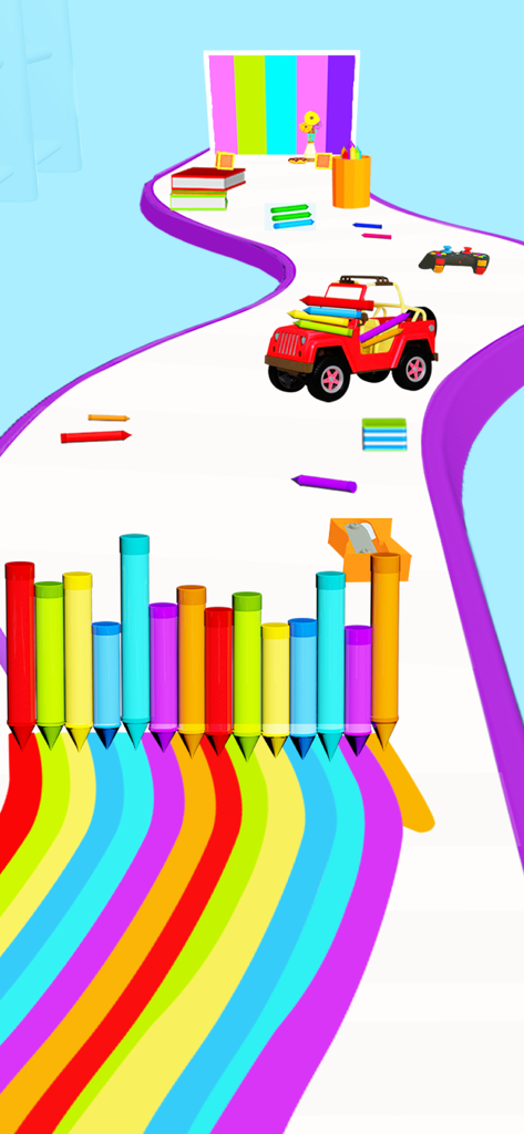 Pencil Color Run: Pen Rush 3d - Colorful pencils drawing rainbow trails on a winding path in a 3D runner game