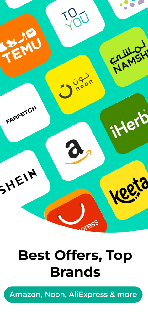 Almowafir app interface featuring logos of major retailers like Amazon and Noon with the headline Best Offers Top Brands.