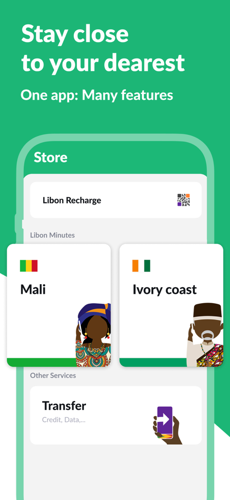 Interfaz de la tienda de la app Libon mostrando opciones de llamadas y recargas para Mali y Costa de Marfil