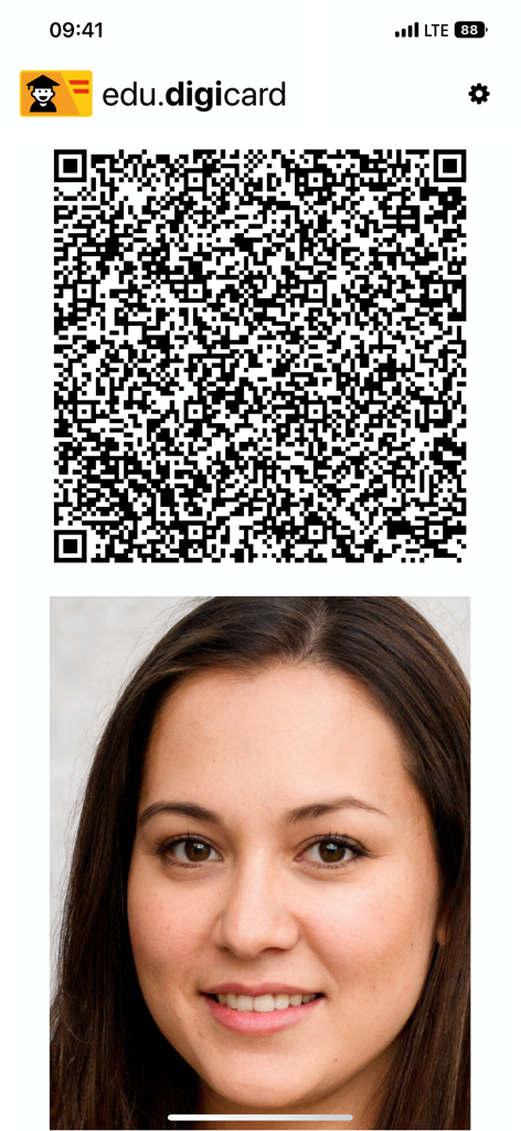 Digitale Schülerausweis-Verifizierungsbildschirm in der edu.digicard-App mit einem QR-Code und dem Profilfoto des Schülers.