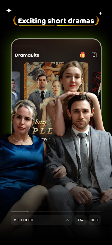 DramaBite-Short Dramas & TV - DramaBite app screenshot showing a vertical short drama episode with playback controls