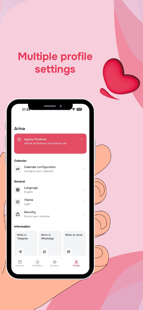Period tracker: Aylana - Profile settings screen of the Aylana period tracker app showing user account details and security options