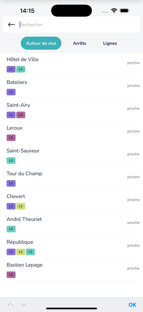 Zenbus - Zenbus app screen displaying a list of nearby bus stops and transport lines.