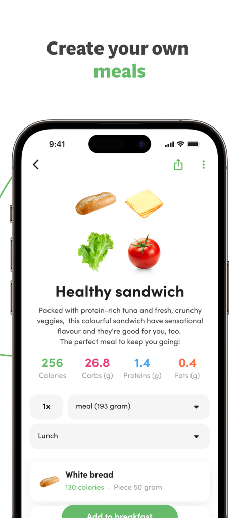 Calories and nutrition tracker - Interfaz de la aplicación Virtuagym Food que muestra la creación de comidas personalizadas con seguimiento detallado de calorías y macronutrientes.