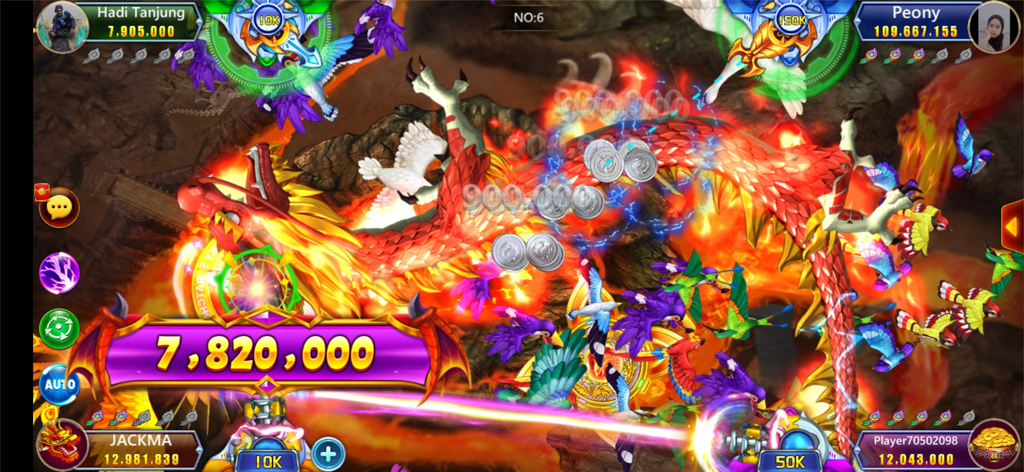 Joker King Slots Online arcade gameplay showing a 7.8 million coin big win with a fire dragon and colorful birds