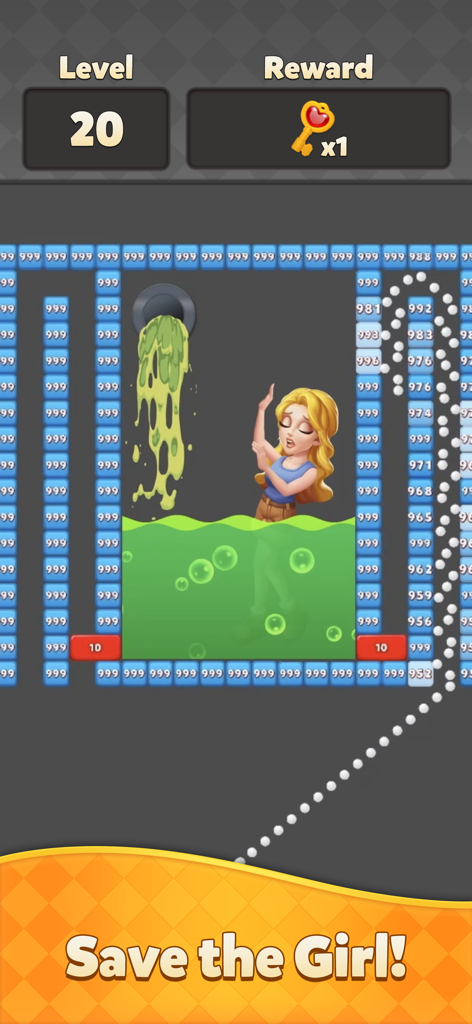Bricks Legend - A screenshot of Bricks Legend mobile game level 20 showing a rescue mission to save a girl from rising green liquid by breaking bricks.