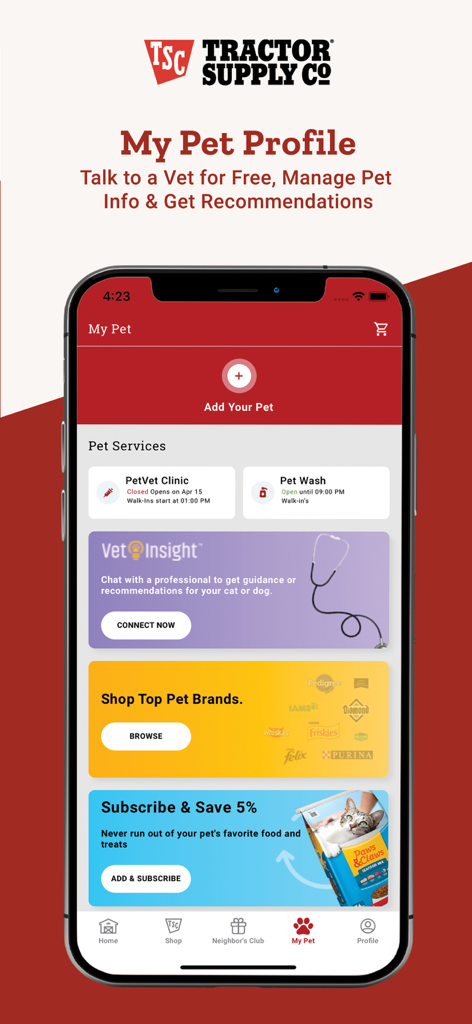 Tractor Supply mobile app interface showing the My Pet Profile screen with free vet chat and pet services
