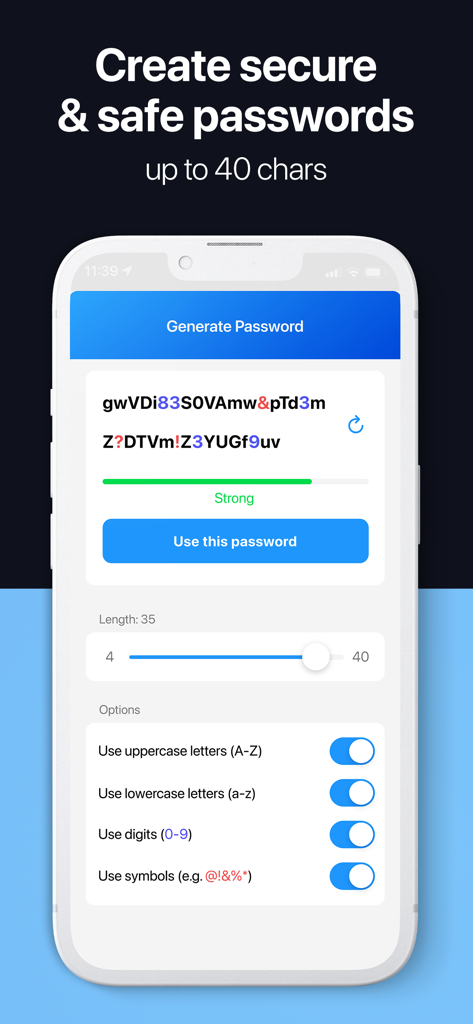 Password Manager App - SkyBox - Interfaz de la aplicación SkyBox mostrando un generador de contraseñas seguro con longitud y opciones de caracteres personalizables