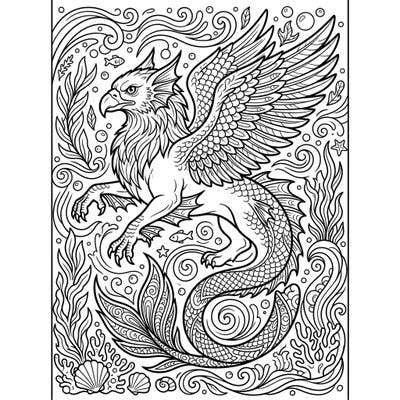 Discover the mythical beauty of a Sea Griffin, a rare aquatic beast blending eagle, lion, and fish, ready for your artistic touch. This intricately designed bookmark coloring page offers a captivating creative escape for fantasy enthusiasts.