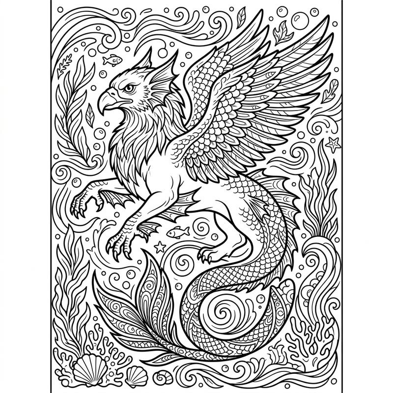 Discover the mythical beauty of a Sea Griffin, a rare aquatic beast blending eagle, lion, and fish, ready for your artistic touch. This intricately designed bookmark coloring page offers a captivating creative escape for fantasy enthusiasts.