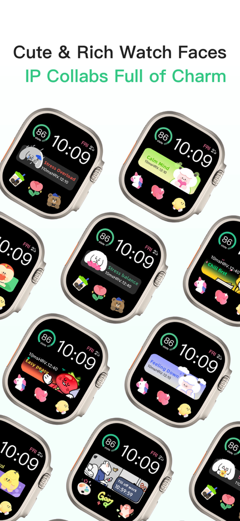 FeelFlow-HRV&Stress&Sleep - 스트레스 수준과 귀여운 캐릭터 일러스트레이션을 표시하는 Apple Watch 화면 모음