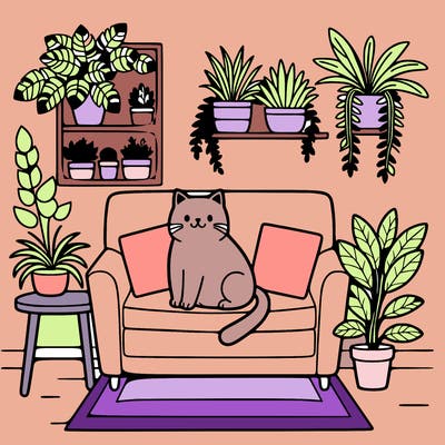 cat on a sofa in a room full of plants